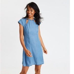 Denim mini dress a-line cap sleeve